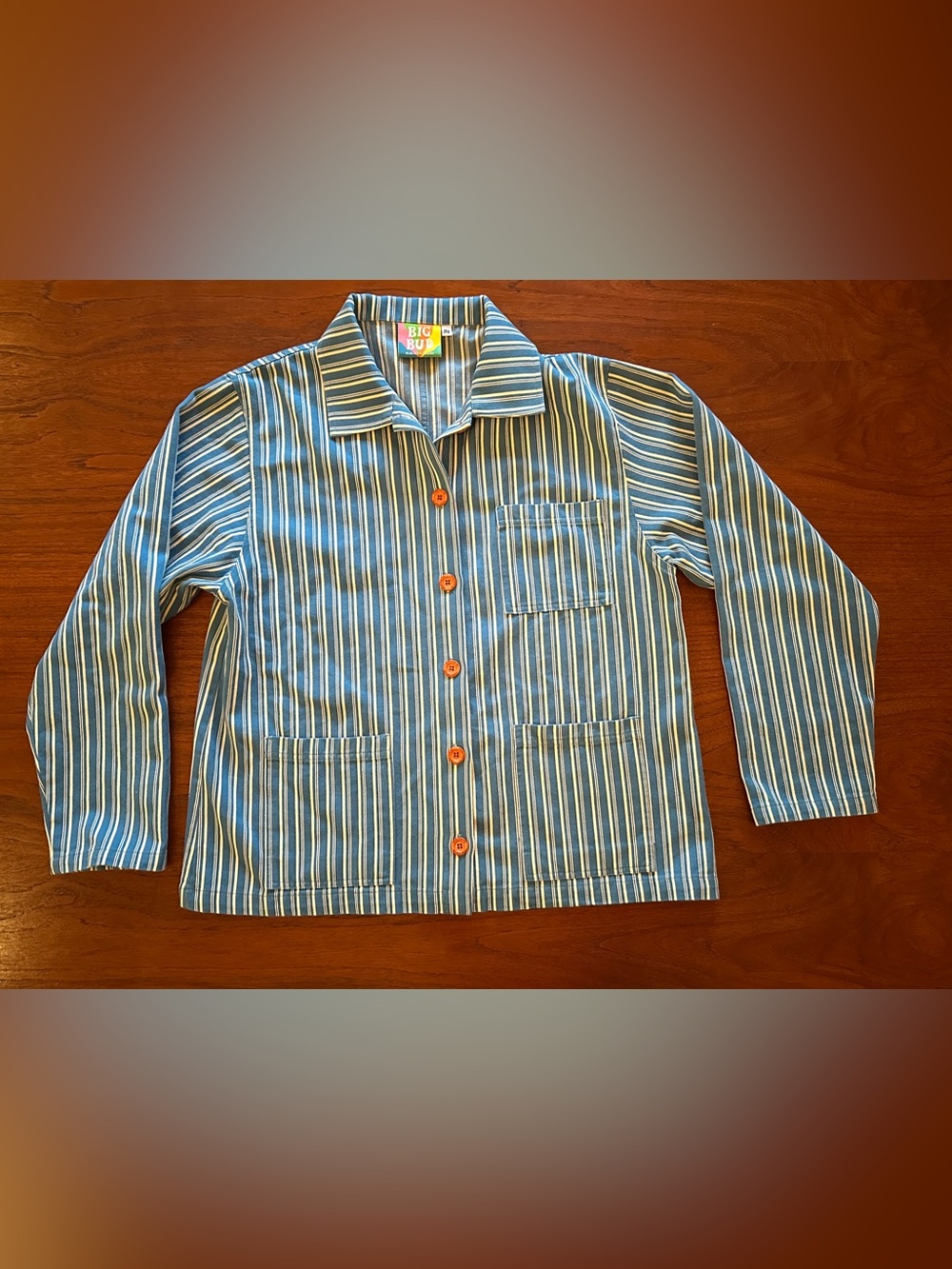 Big Bud Stripe Button-Up Chore Jacket in Blue and White with Orange Buttons - Picture 3 of 9